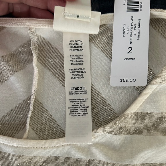 Chico's metallic gold & cream striped knit top, size 2 (like a 12) festive (NWT) - Picture 10 of 12